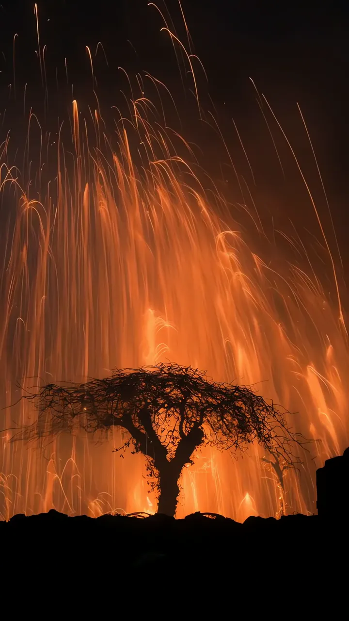 Silhouette Tree Against Fiery Orange Light Trails