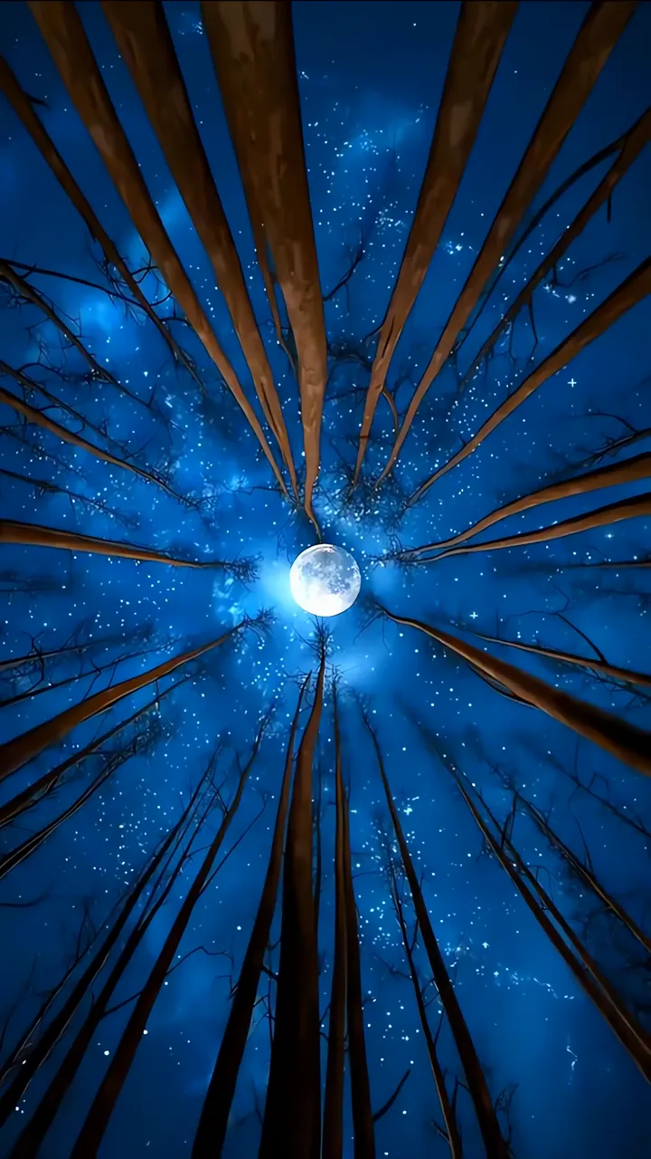 Moonlit Forest Sky With Starry Night And Tall Trees