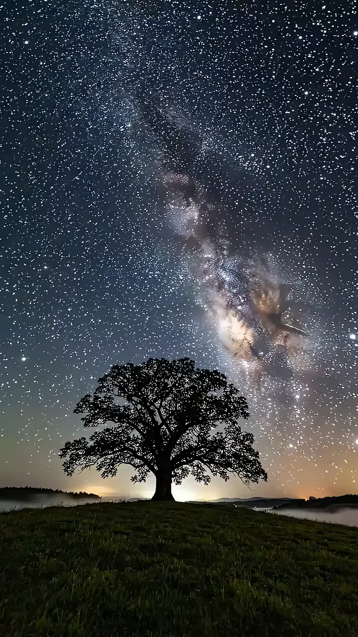 Solitary Tree Under Milky Way Starry Night Sky