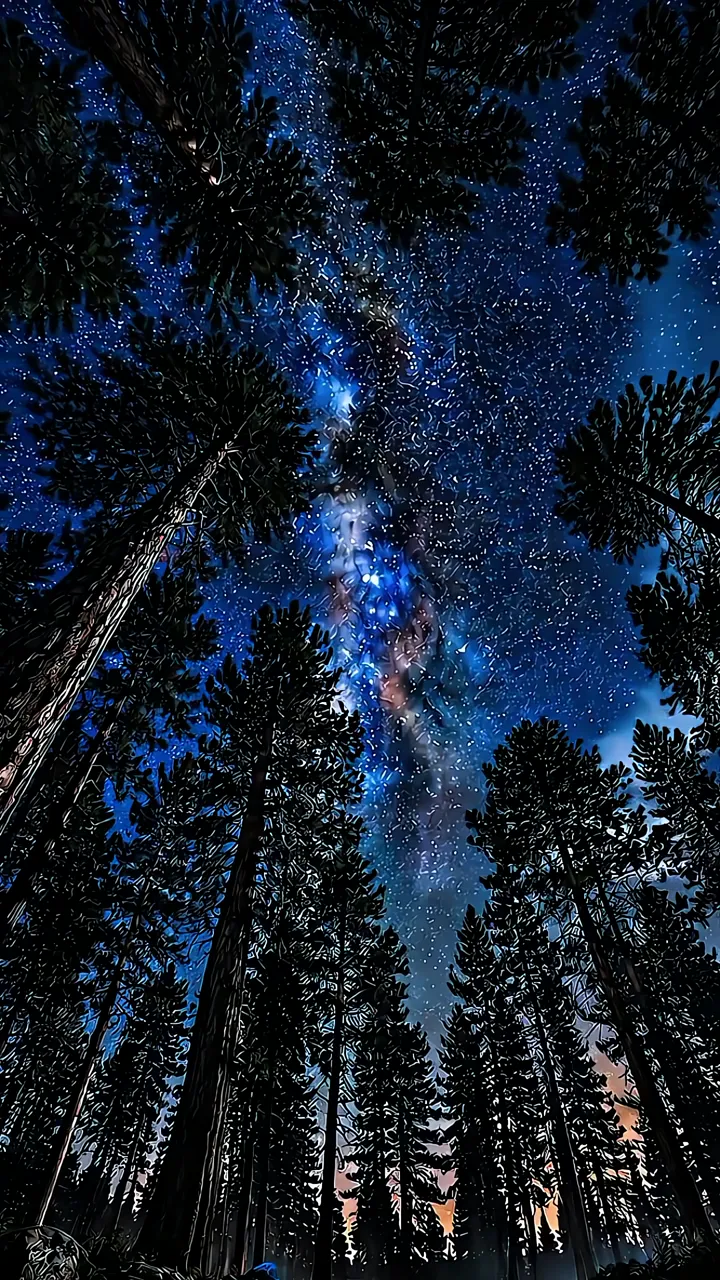 Starry Night Sky Over Tall Pine Trees In Forest