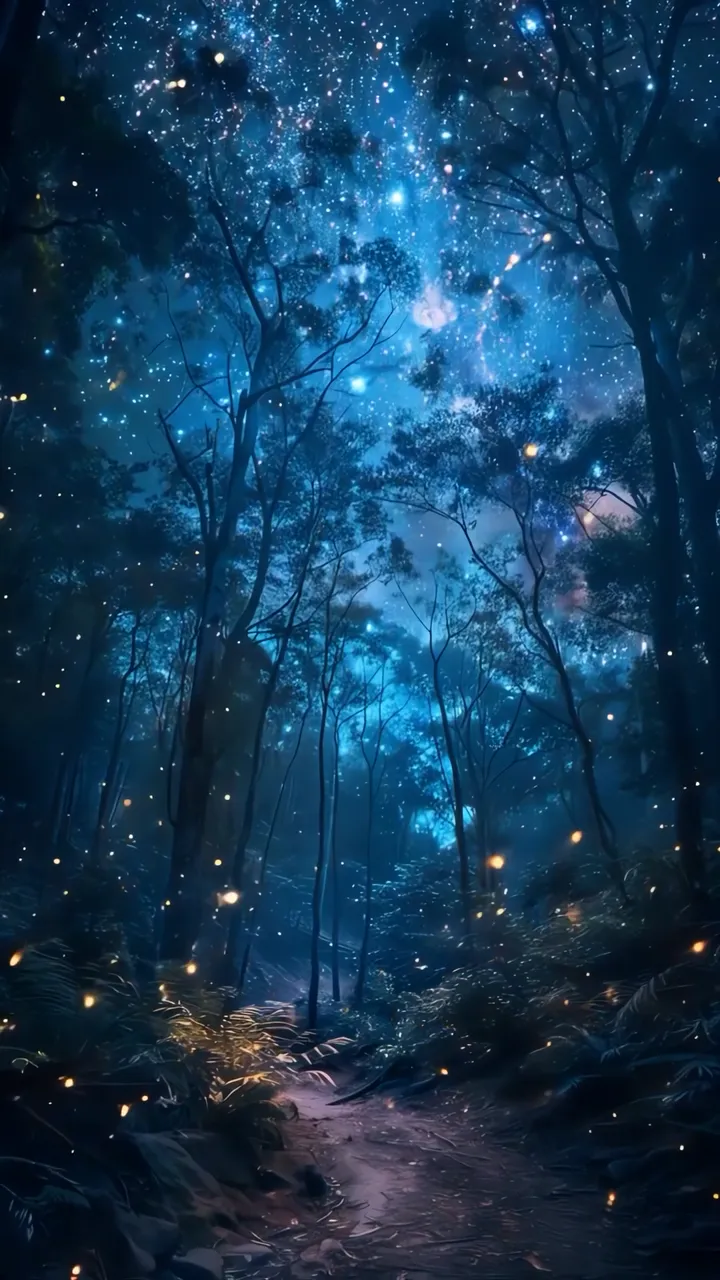 Ethereal Night Forest With Glowing Fireflies And Starry Sky