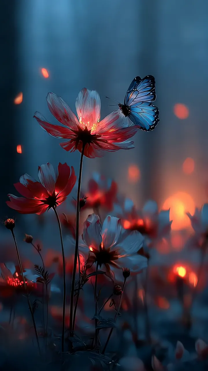 Blue Butterfly On Glowing Red Flower In Mystical Forest