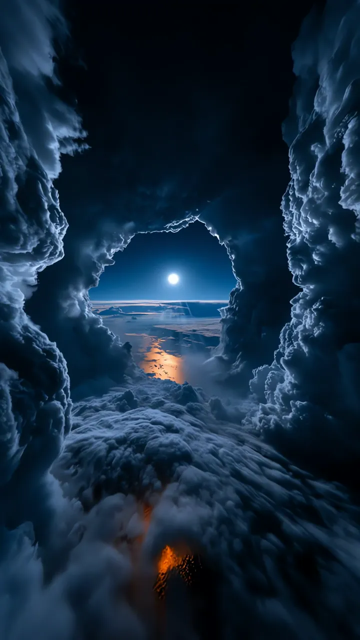 Moonlit Cloud Tunnel With Glowing Orange Path