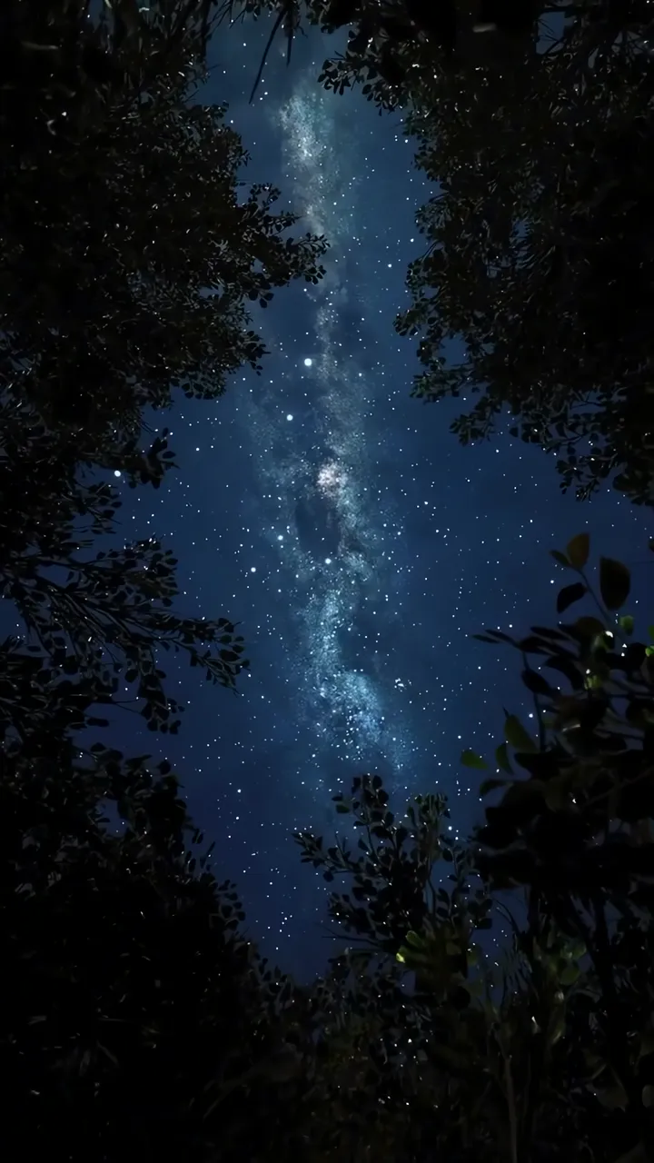 Starry Night Sky With Milky Way Through Forest Trees