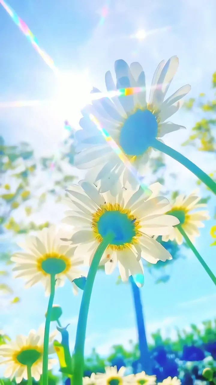 Sunlit Daisy Field With Rainbow Lens Flare