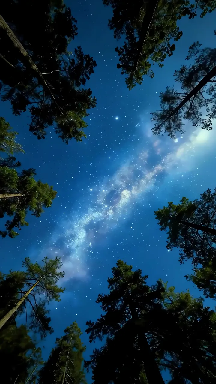 Starry Night Forest Galaxy View Through Tall Pine Trees