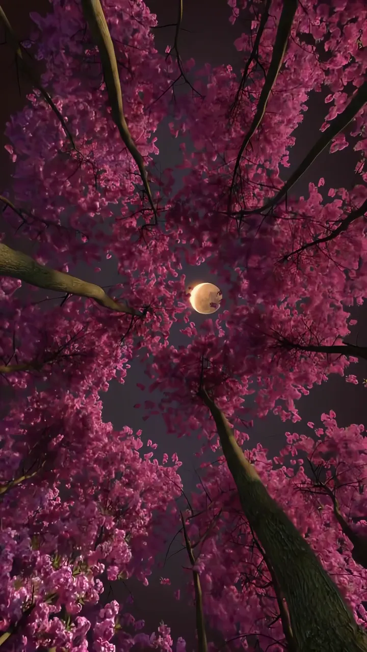 Pink Cherry Blossom Trees Framing Full Moon Night Scene
