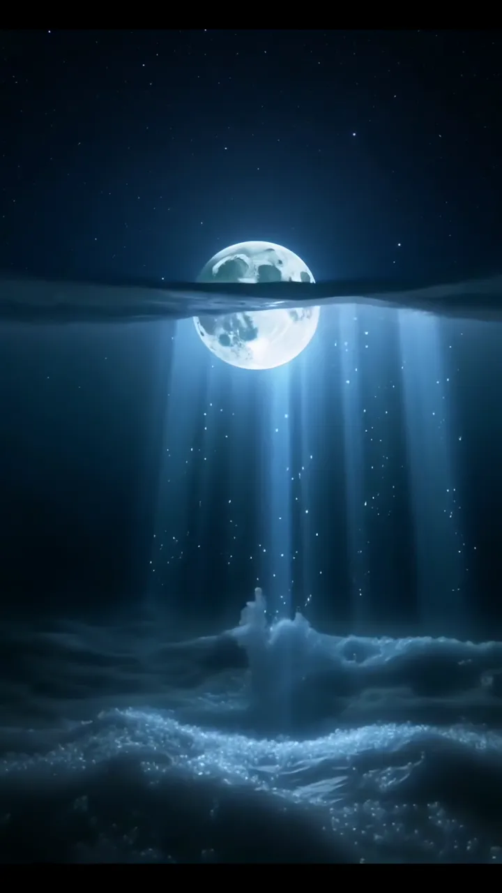 Moon Rising Above Water With Glowing Blue Rays And Starry Sky