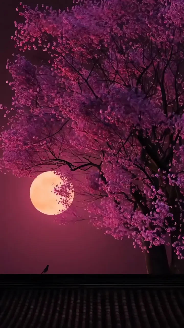 Pink Cherry Blossom Tree With Full Moon And Silhouette Bird