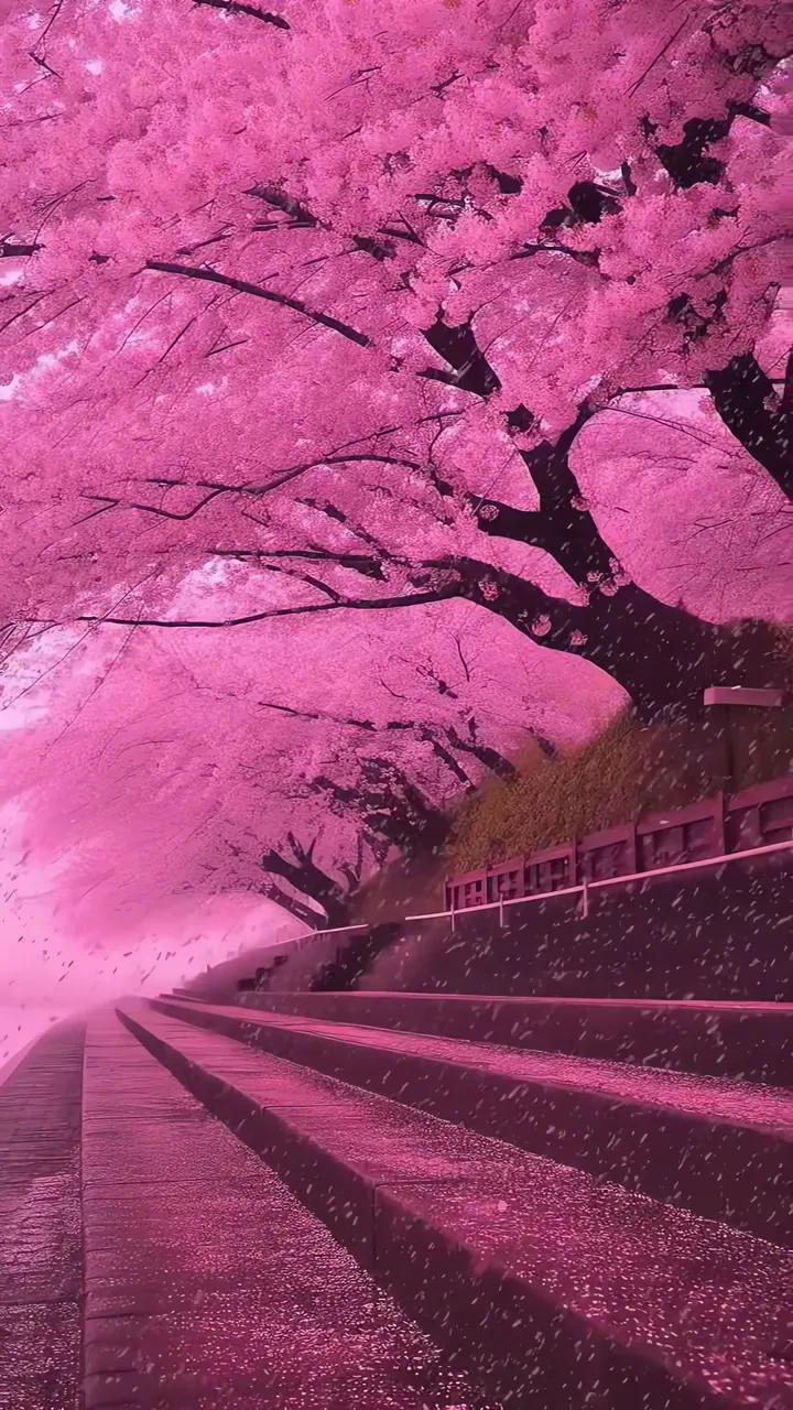 Pink Cherry Blossom Tunnel With Falling Petals And Rain
