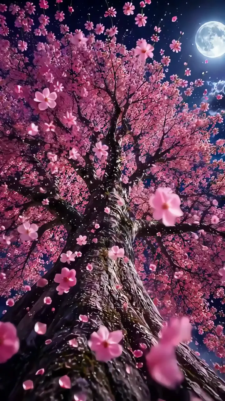 Majestic Pink Cherry Blossom Tree Under Full Moon Night