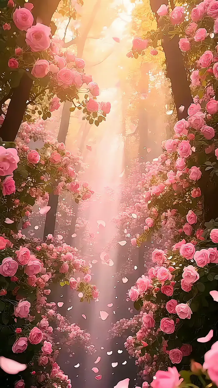 Pink Rose Garden Path With Sunbeam And Falling Petals