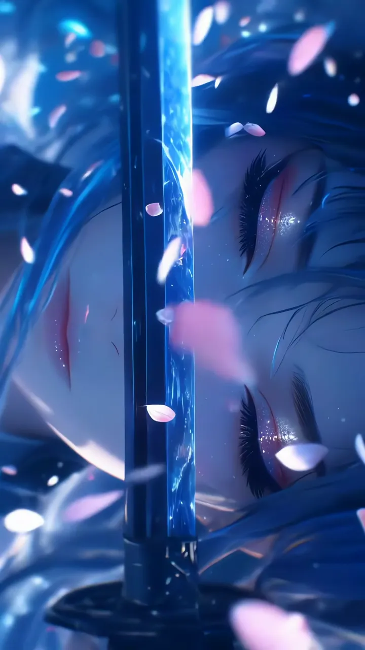Anime Girl With Glowing Blue Eyes And Cherry Blossoms