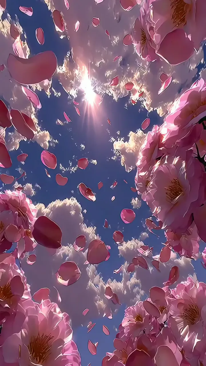 Pink Cherry Blossoms Falling Through Blue Sky With Sunbeam