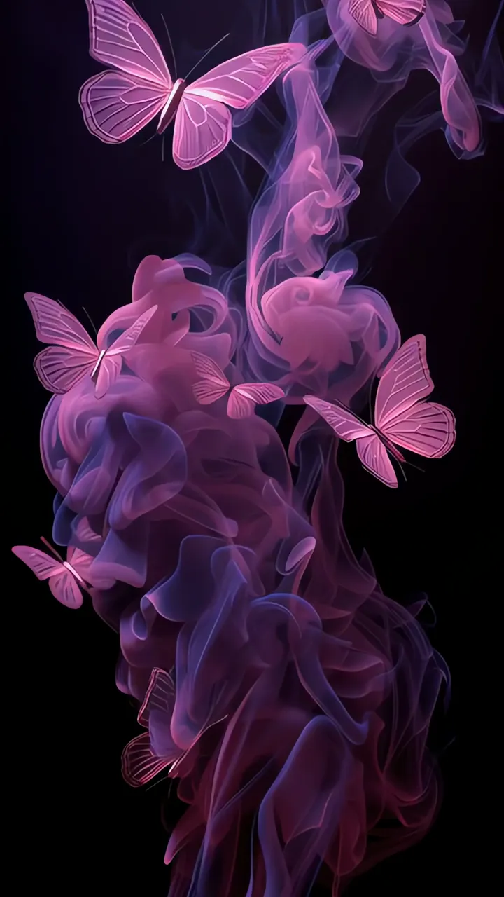 Glowing Pink Butterflies Emerging From Purple Smoke