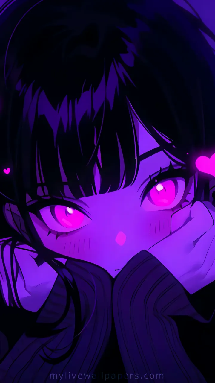 Anime Girl With Glowing Pink Eyes And Floating Hearts