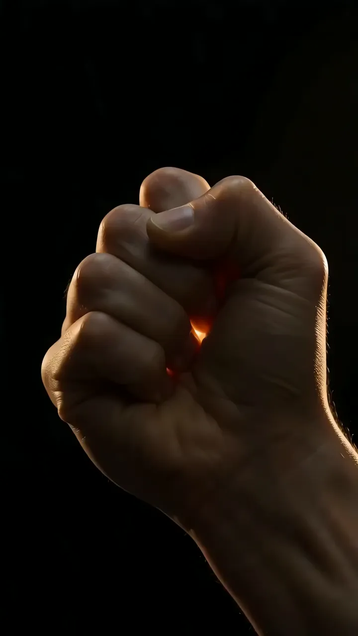 Powerful Fist With Glowing Red Core Against Black Background