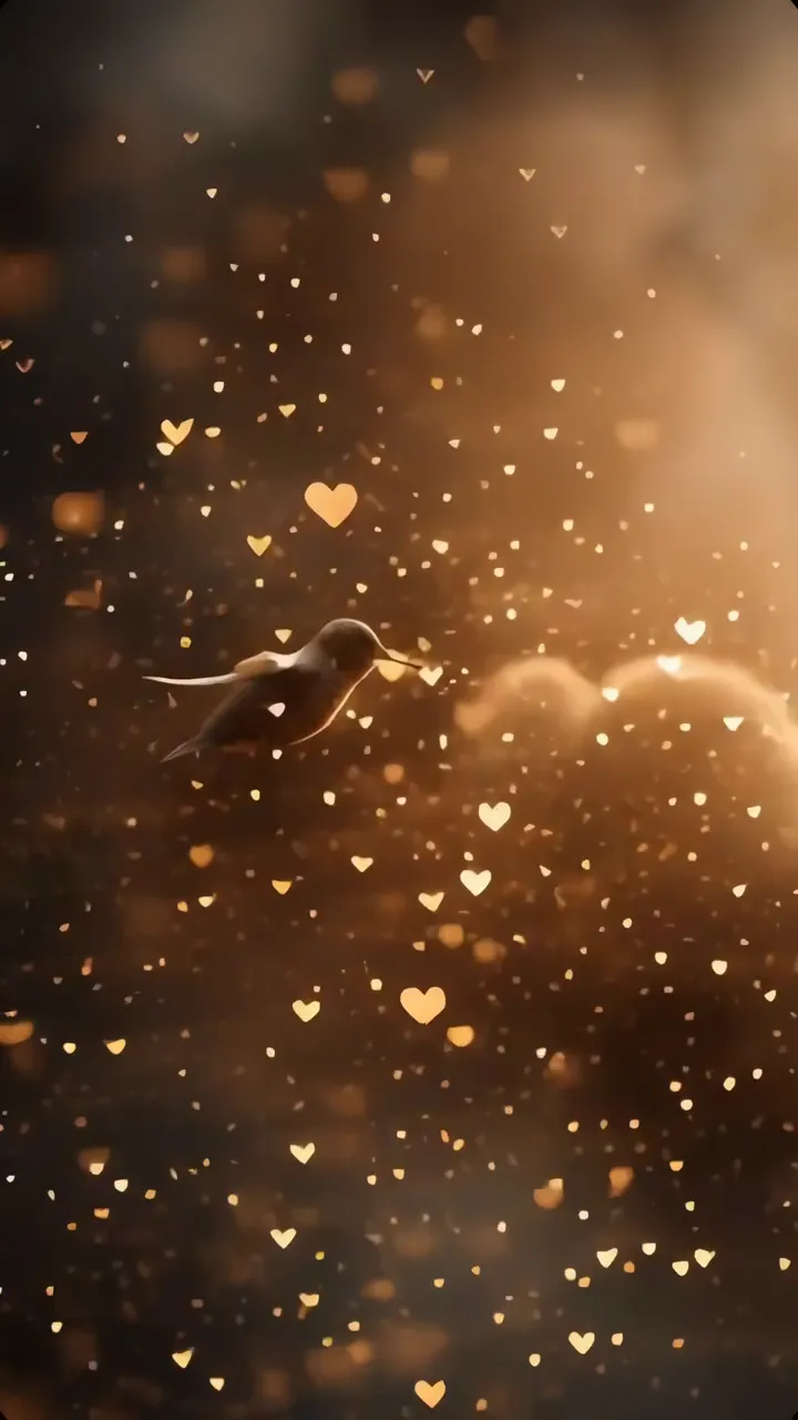 Hummingbird Flying Through Golden Hearts Warm Glow