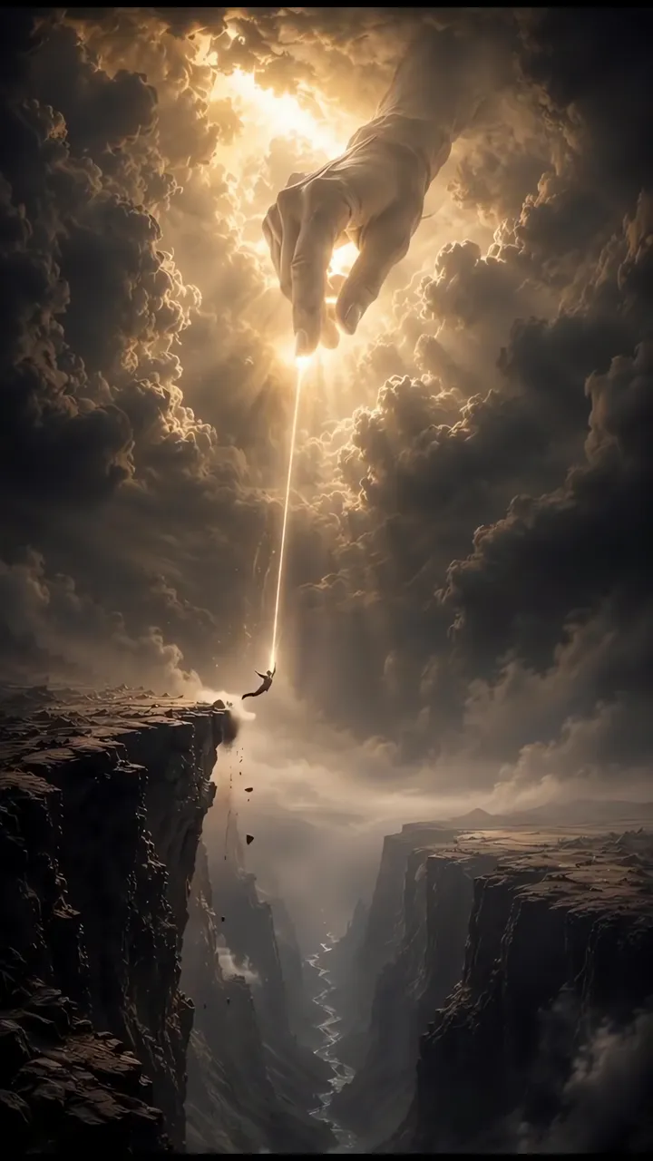 Divine Hand Reaching Down From Heaven To Save A Falling Person