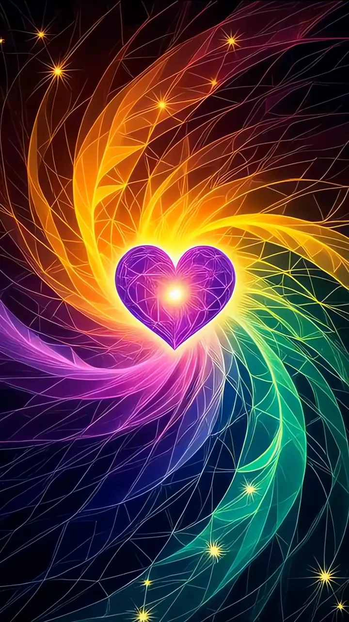 Purple Heart Radiating Rainbow Energy With Starry Glow
