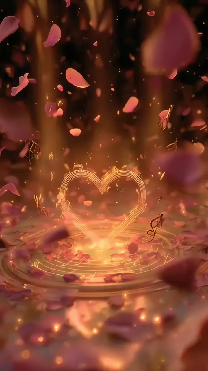Glowing Heart With Music Notes And Falling Rose Petals