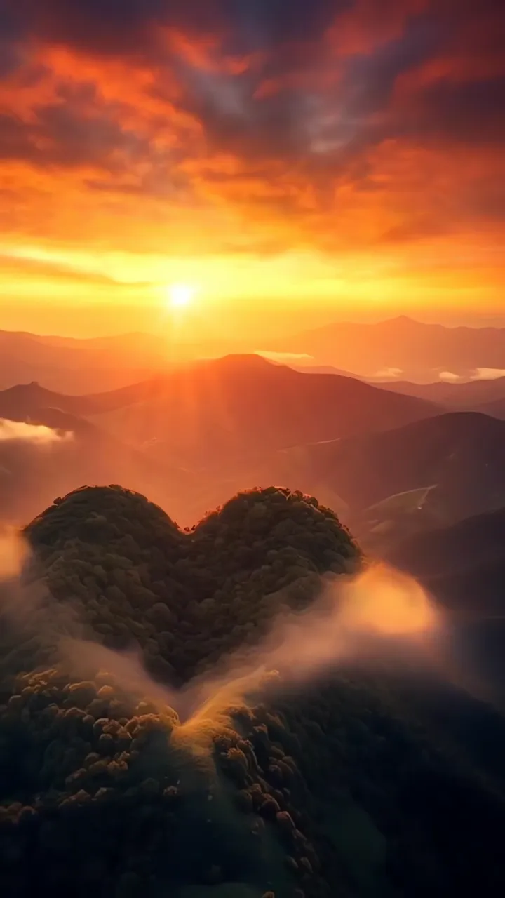 Heart-Shaped Mountain Valley Sunset With Golden Rays
