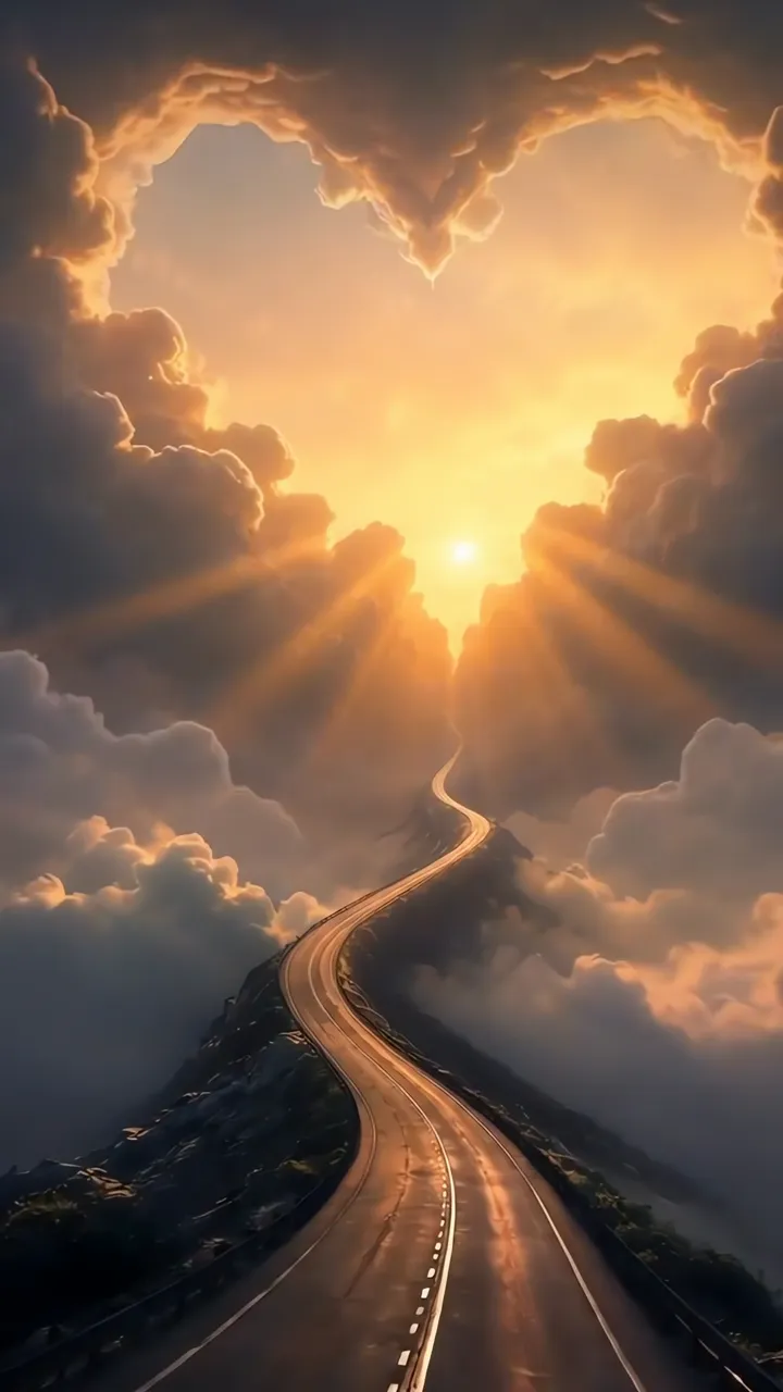 Heart-Shaped Clouds Over Mountain Road At Sunrise