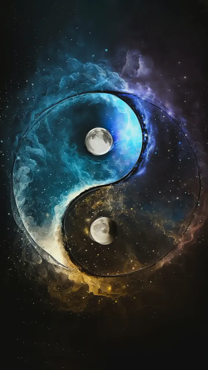 Cosmic Yin Yang With Dual Moons And Nebula Glow