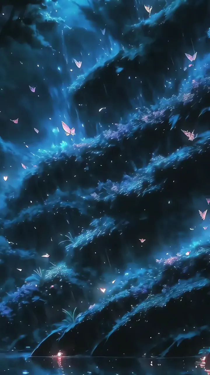 Pink Butterflies Flying Through Blue Waterfall Fantasy Scene