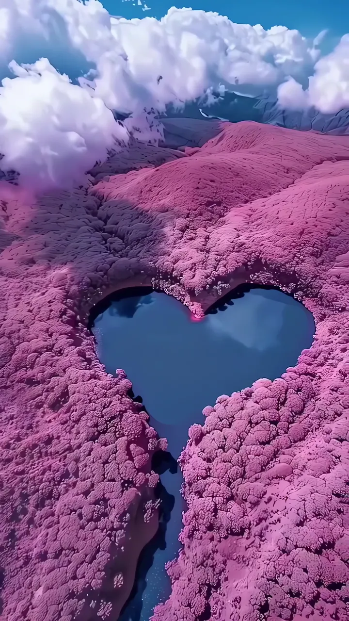 Heart-Shaped Lake Surrounded By Pink Mountains And Clouds