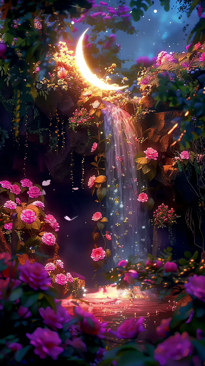 Mystical Waterfall Flowing Under Crescent Moon In Enchanted Forest