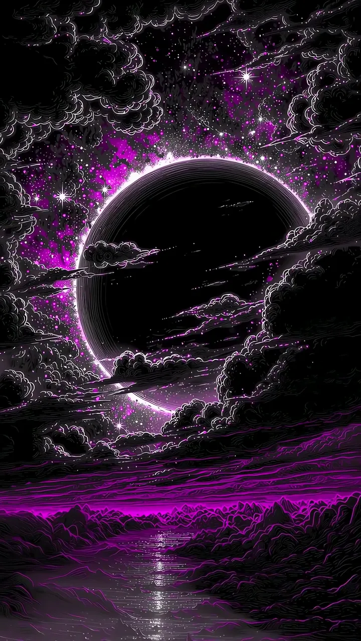 Purple Eclipse Over Mountain Reflection Cosmic Scene