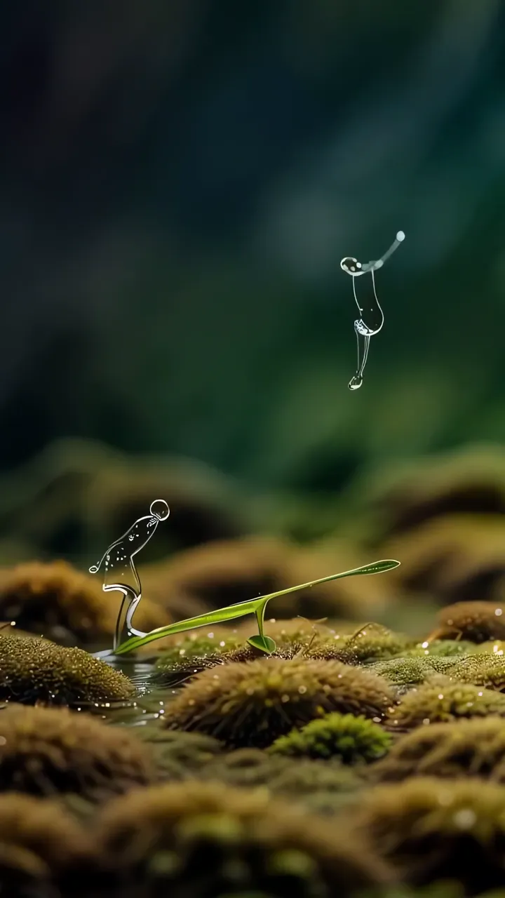Water Droplet Human Silhouette Jumping From Mossy Ground