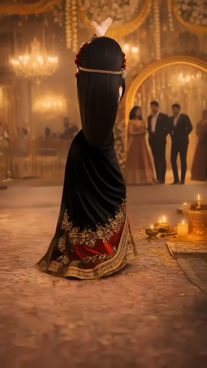 AI Girl In Black Velvet Dress Dancing In Golden Hall