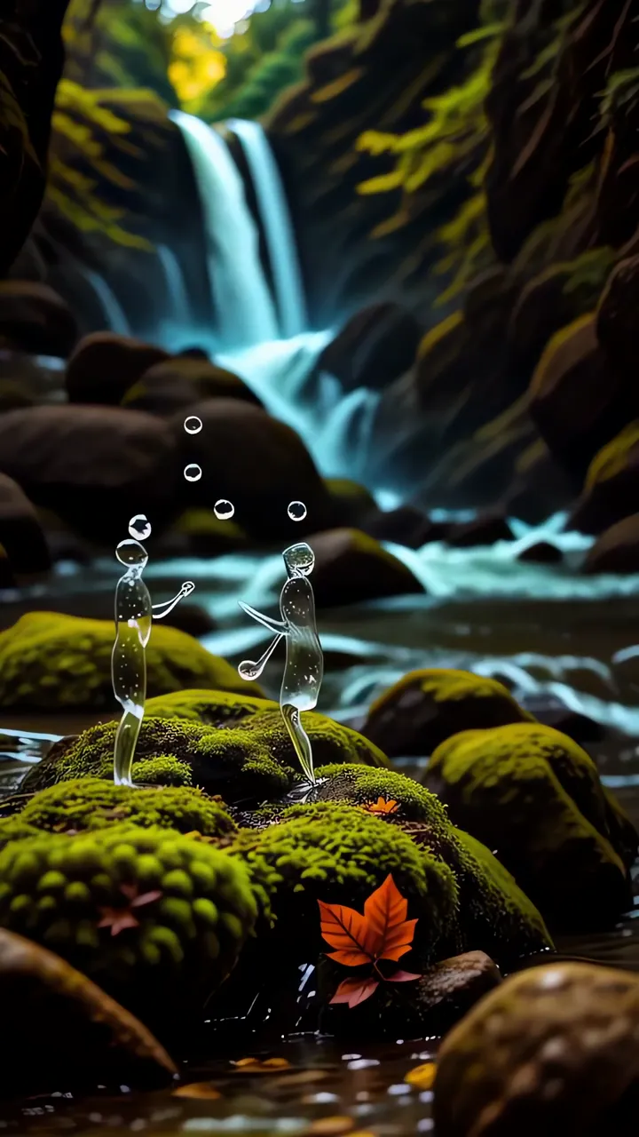 Water Droplet Figures Playing Near Autumn Waterfall