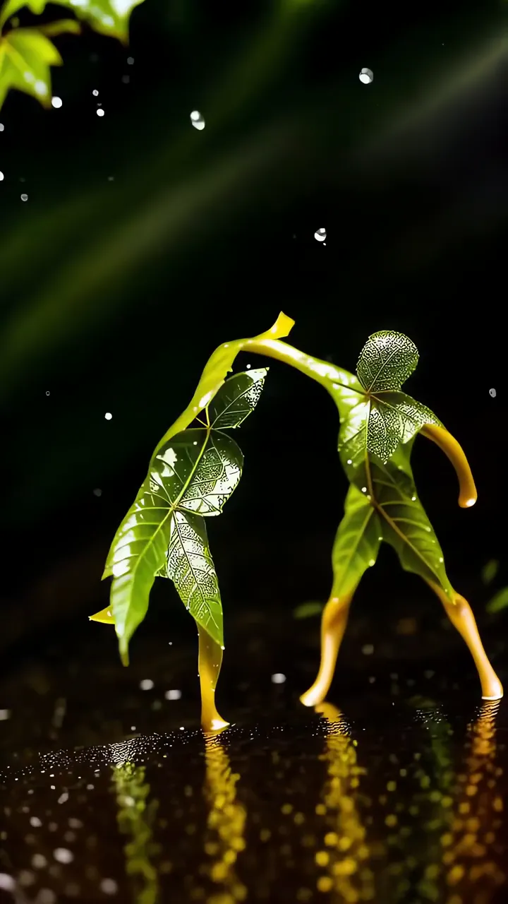 Leaf People Dancing In Rainforest With Golden Glow