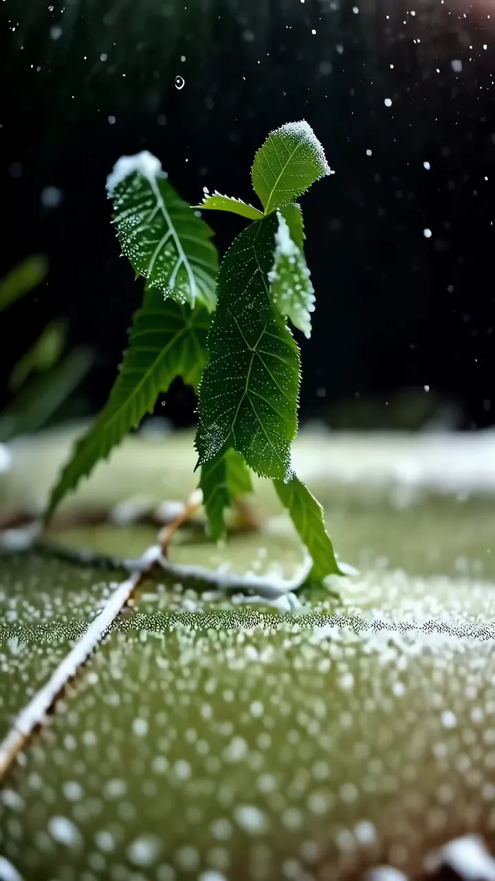 Frosty Green Leaves In Snowfall Nature Scene