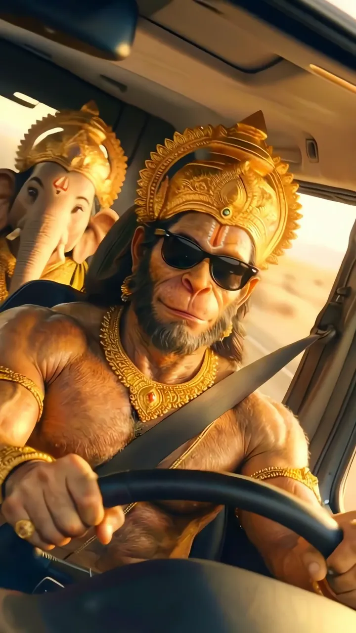 Hanuman Driving Car With Ganesha In Backseat Golden Sunlight