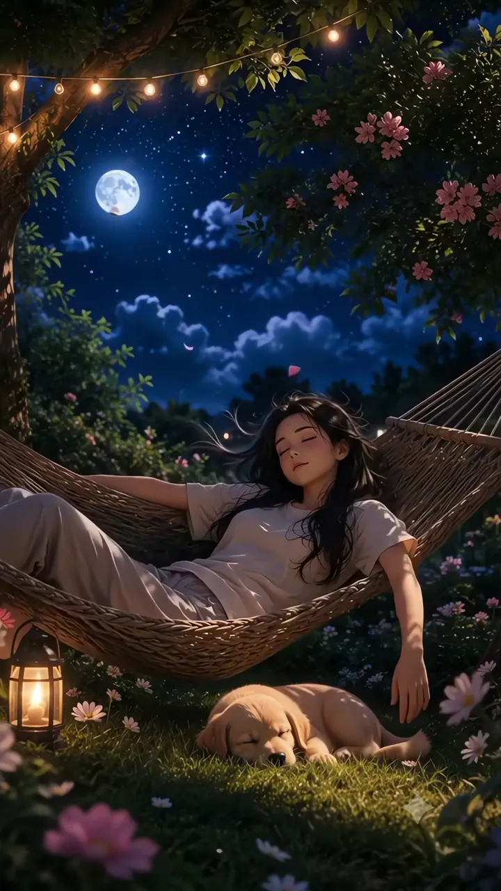 Girl Sleeping In Hammock With Puppy Under Moonlight