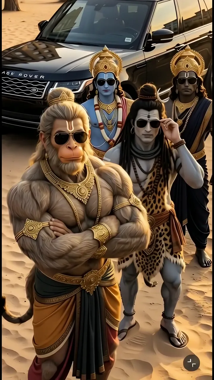 Hanuman With Shiva And Mahadev In Desert With Black Range Rover