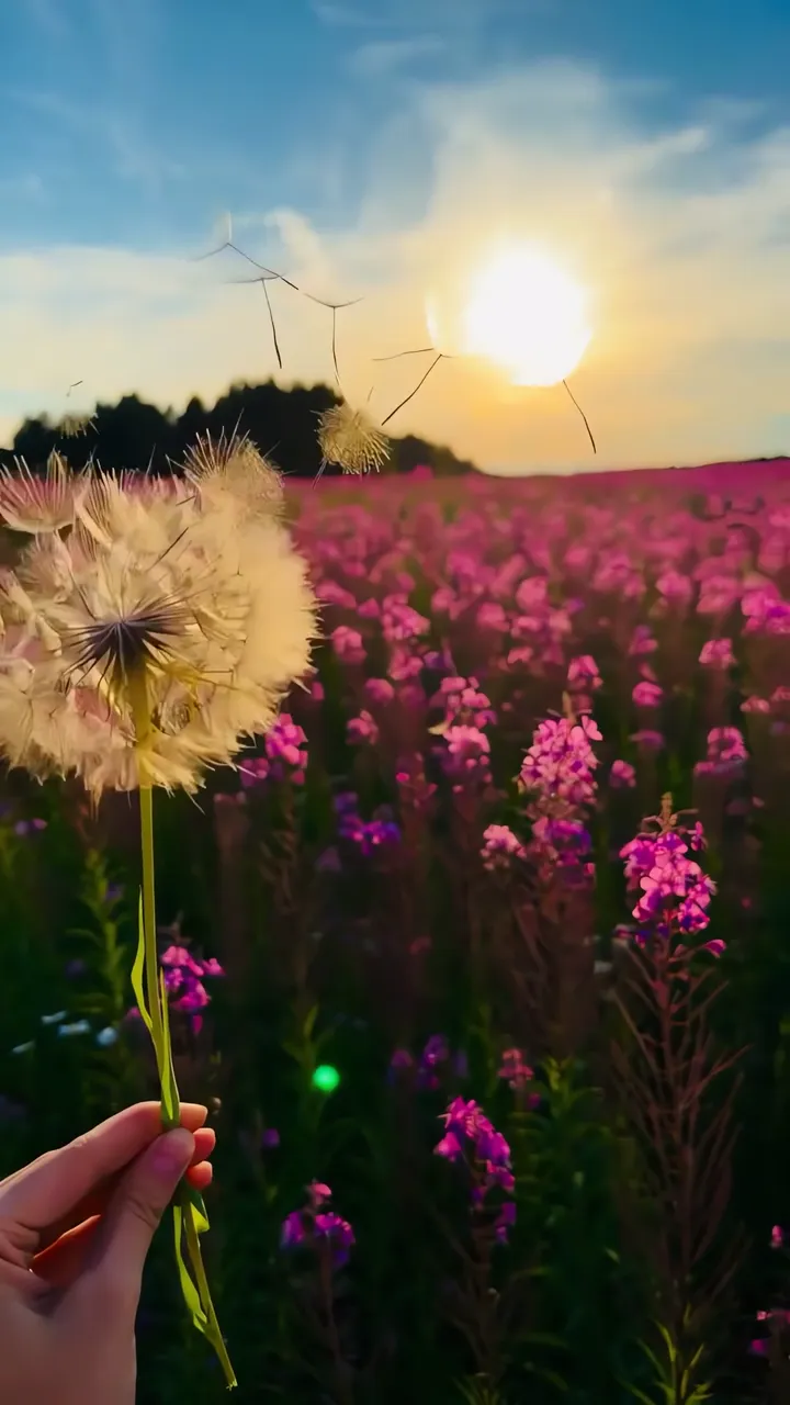 Hand Holding Dandelion With Pink Flowers And Sunset