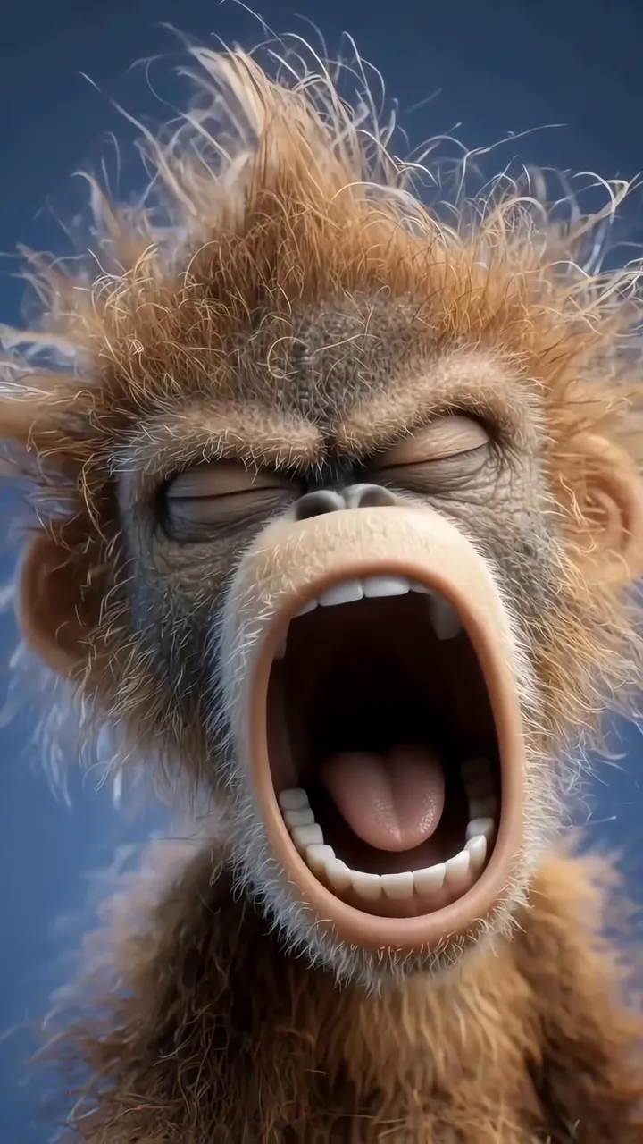 Funny Monkey Yawning With Spiky Hair And Blue Background