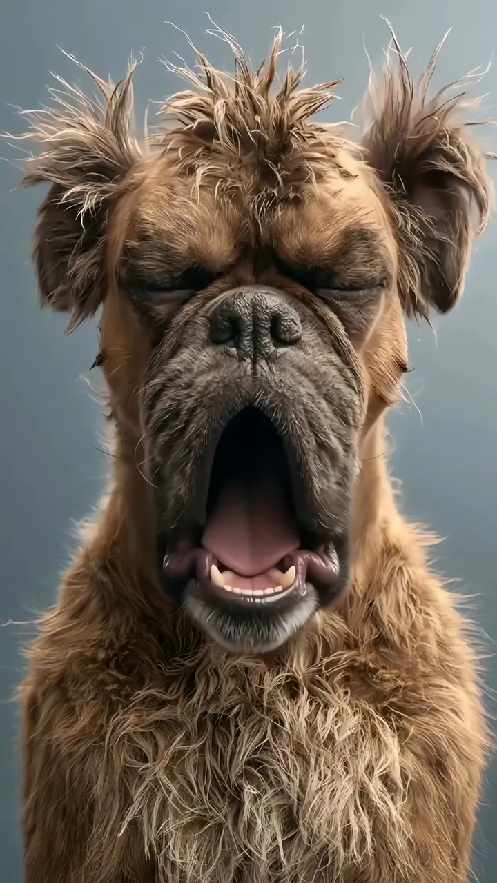 Funny Boxer Dog Yawning With Wet Fur And Spiky Hair