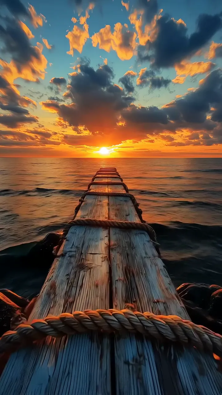 Sunrise Over Ocean With Wooden Dock And Golden Sky