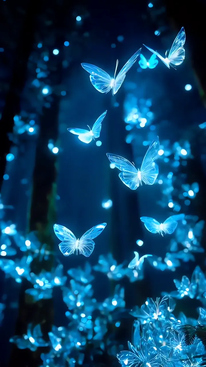 Glowing Blue Butterflies Flying In Mystical Forest