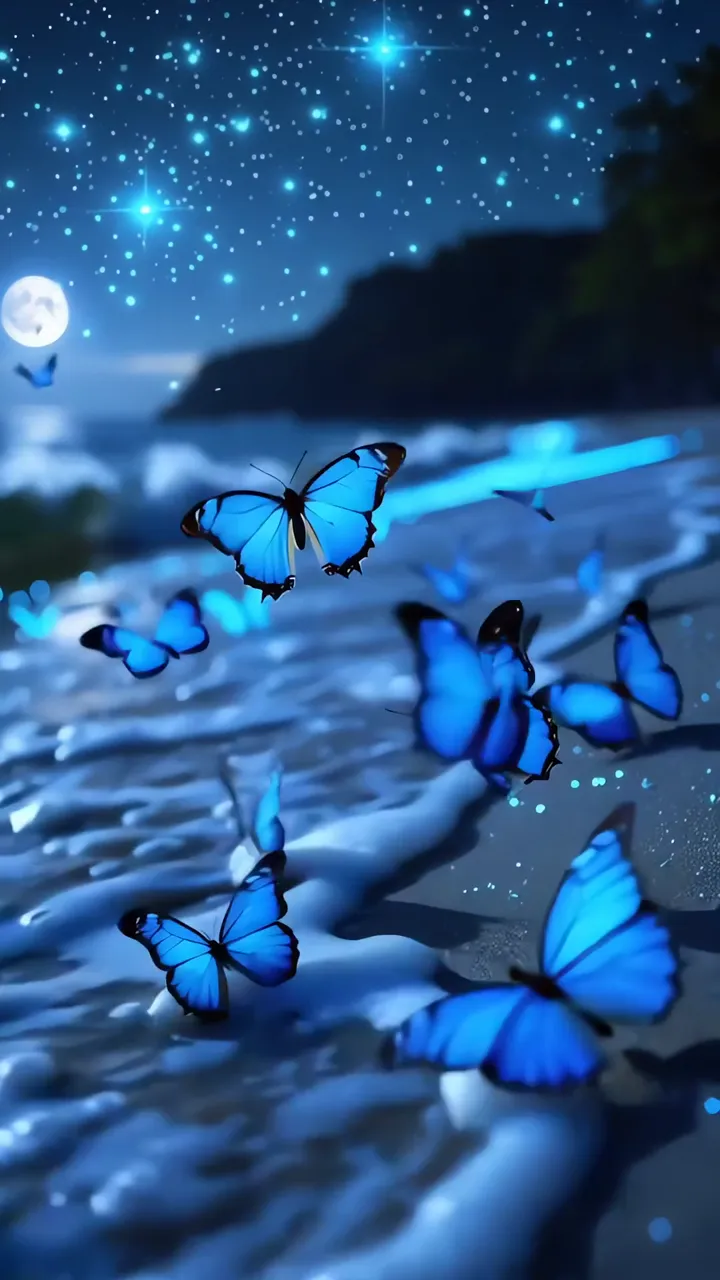 Glowing Blue Butterflies Flying Over Moonlit Beach