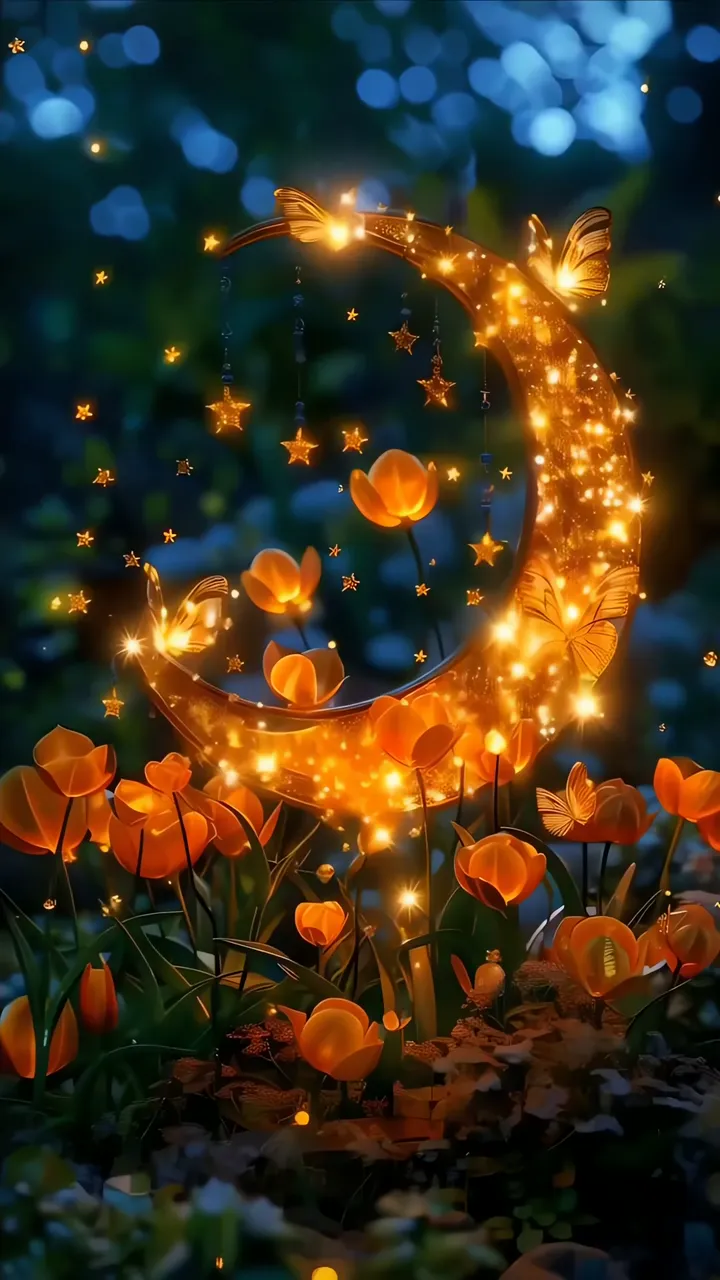 Glowing Crescent Moon With Butterflies And Orange Tulips