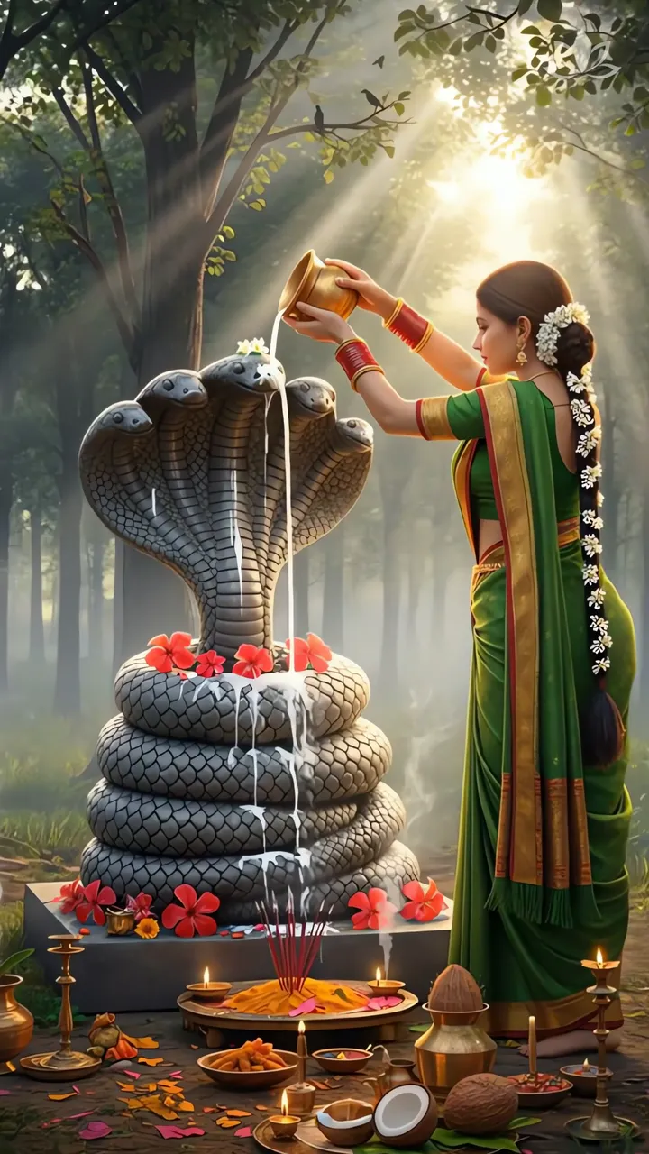Devotee Offering Water To Five-Headed Cobra In Sacred Forest
