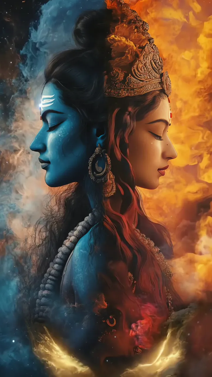Shiva Parvati Divine Cosmic Fusion Blue And Gold