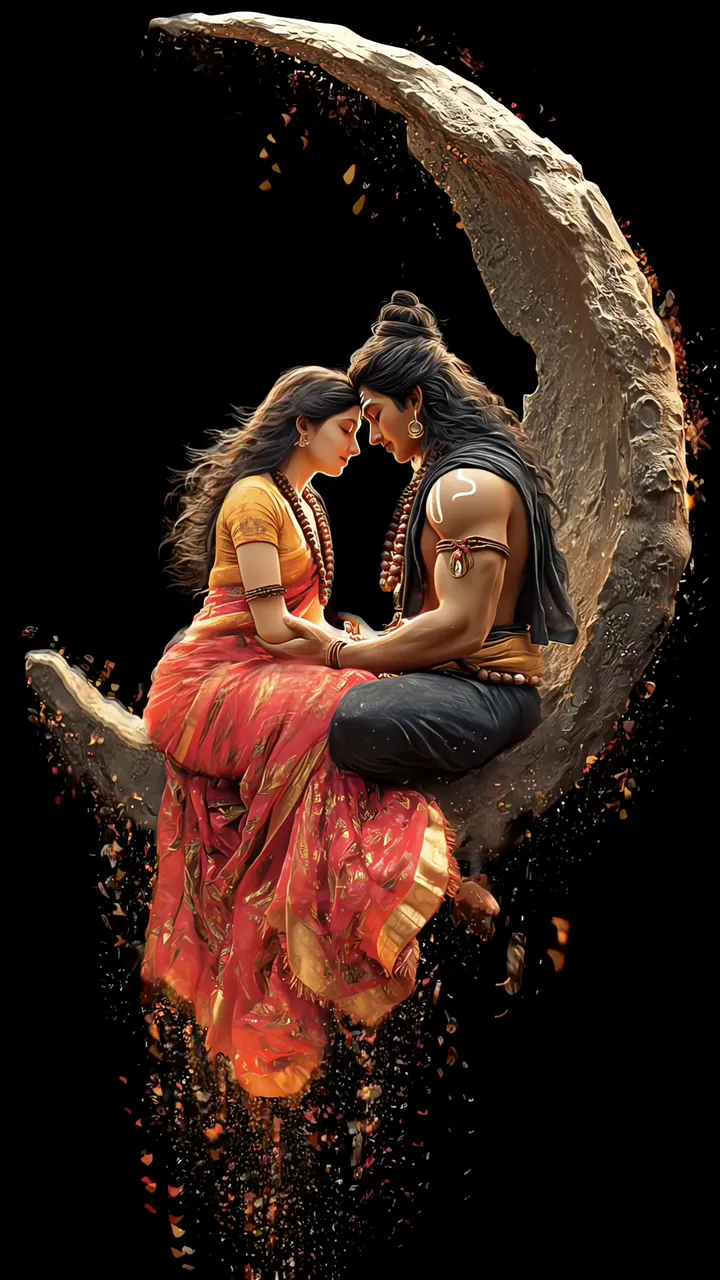 Shiva And Parvati Devotional Moon Scene With Falling Petals